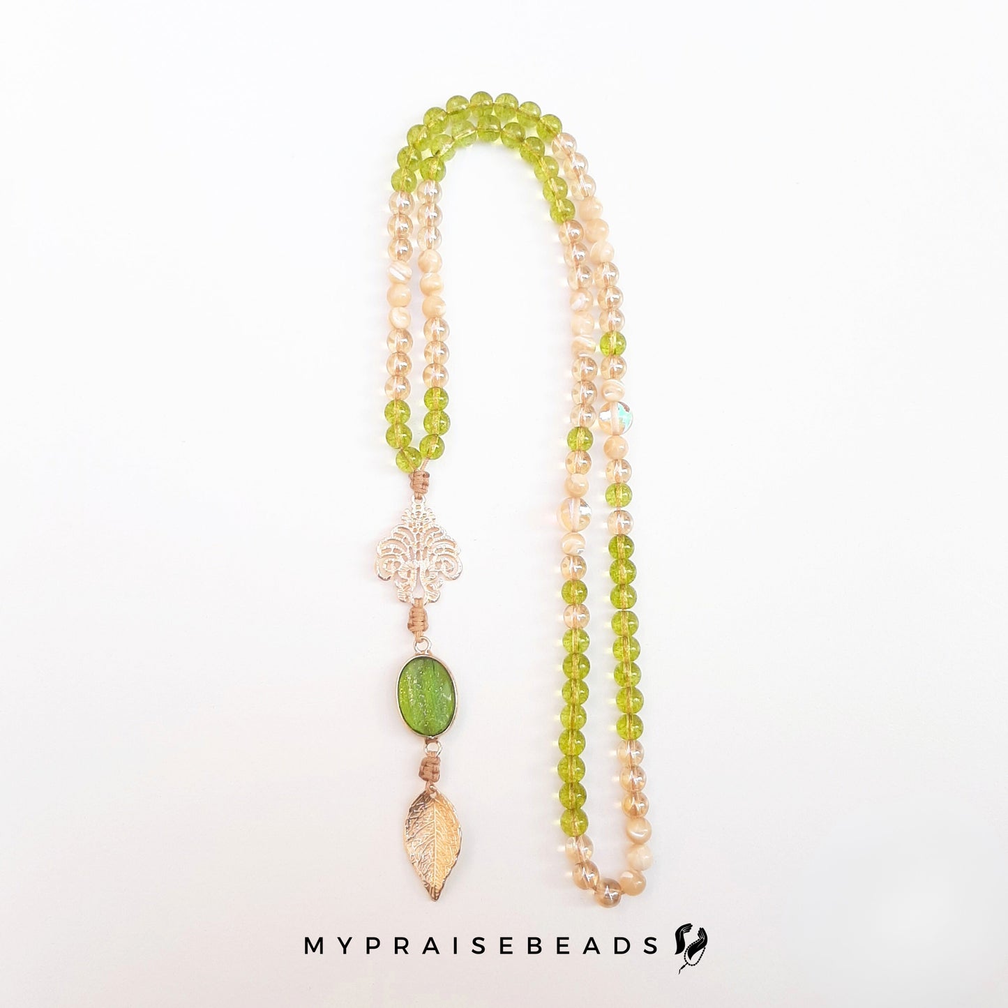 Peridot, Gold & Trochus Shell Tasbih