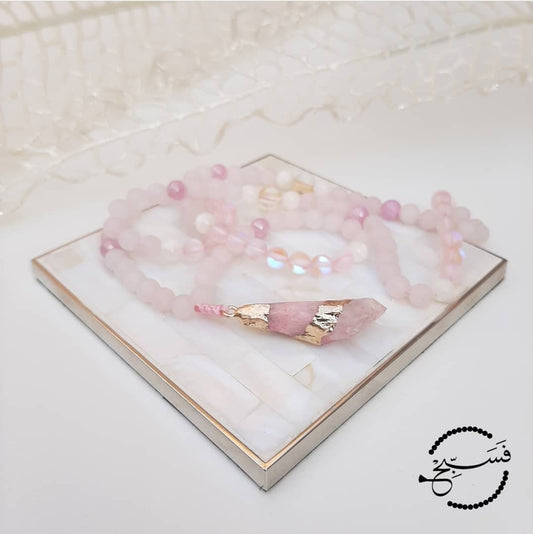 Rose quartz pendant with rose quartz and Austrian moonstone beads.  Packaged in a luxurious pouch and a gift box.  99 beads