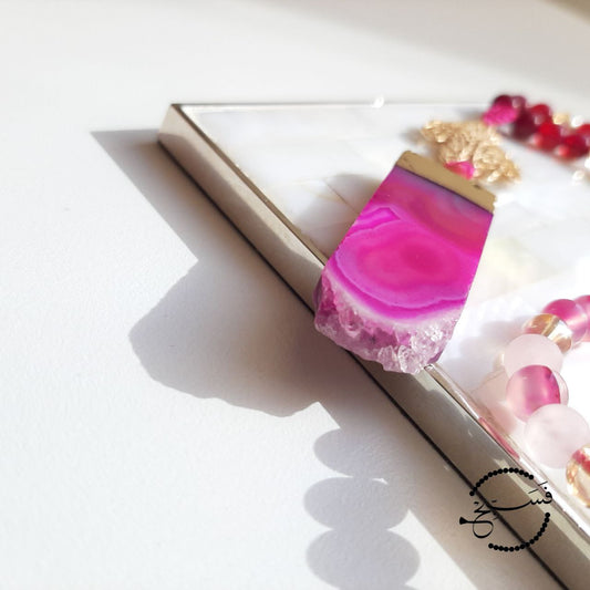 Pink agate pendant, with brass connector for added glamour. The beads are pink agate and rose quartz, with pink moonstone.  Packaged in a luxurious pouch and a gift box.  99 beads