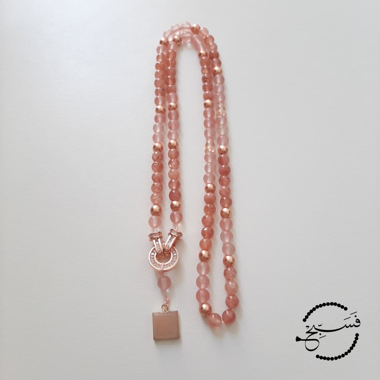 Natural watermelon quartz and sunstone beads have a lovely peachy pink colour, which look beautiful with rose gold. This 99 bead tasbih has a stunning clasp, so it can be easily opened and worn as a necklace.