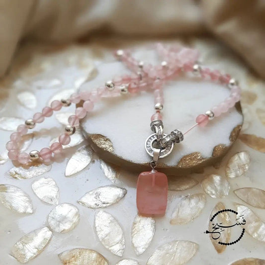 Made of natural rose and watermelon quartz, this feminine design can be used as a tasbih as well as a necklace.
